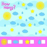 juego de conteo para niños en edad preescolar. el estudio de las matemáticas. cuánto. el sol, una nube, una estrella, una gota de lluvia. con un lugar para las respuestas. Ilustración de vector aislado plano simple.