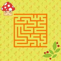 Abstract simple square isolated labyrinth. orange on a yellow background. An interesting game for children. Find the way from the cartoon mushroom to a cute plant. Simple flat vector illustration.