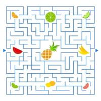 Abstract colored complex isolated maze with fruit. Blue color on a white background. An interesting game for children. Vector illustration.