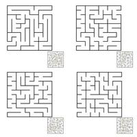 Abstract simple square isolated labyrinth. Four options. Black color on a white background. An interesting game for children and adults. Simple flat vector illustration. With the answer.