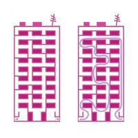 Abstract rectangular isolated labyrinth in the shape of a building. Pink color on a white background. An interesting game for children. Simple flat vector illustration. With the answer.