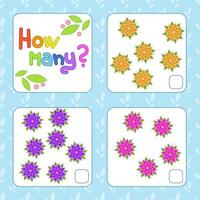 Counting game for preschool children for the development of mathematical abilities. How many flowers. With a place for answers. Simple flat isolated vector illustration.