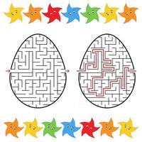 Abstract labyrinth in the form of an egg. Black Stroke. A game for children. With the answer. Lovely stars. Simple flat vector illustration isolated on white background.