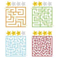 A set of square colored labyrinths with a rating of stars. Four levels of difficulty. Simple flat vector illustration isolated on white background.