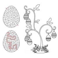 Abstract labyrinth in the form of an egg. Black Stroke. A game for children. With the answer. Easter tree. Simple flat vector illustration isolated on white background.