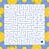 Abstract square isolated labyrinth. Blue color on a white background with a floral frame. An interesting game for children and adults. Simple flat vector illustration.