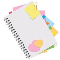 A colored picture of an open notebook with blank sheets and bookmarks between pages. Simple flat vector illustration isolated on white background.