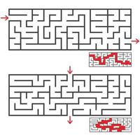 A set of two rectangular mazes with an entrance and an exit. Simple flat vector illustration isolated on white background. With the correct answer.