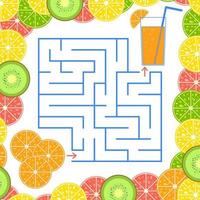 Abstract simple square isolated labyrinth. Blue color on a white background. An interesting game for children. Find the way from fruit to juice. Simple flat vector illustration.