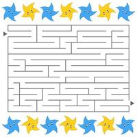 Abstract simple rectangular isolated labyrinth. Black color on a white background. An interesting game for children. Simple flat vector illustration. With lovely bright stars.