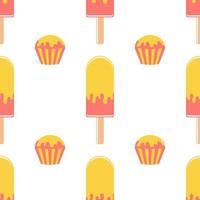 Colorful seamless pattern of appetizing popsicles and capkakes on a white background. Simple flat vector illustration. For the design of paper wallpaper, fabric, wrapping paper, covers, web sites.