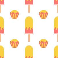 Colorful seamless pattern of appetizing popsicles and capkakes on a white background. Simple flat vector illustration. For the design of paper wallpaper, fabric, wrapping paper, covers, web sites.