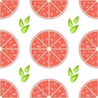 Colorful seamless pattern of delicious grapefruit slices on a white background. Simple flat vector illustration. For the design of paper wallpaper, fabric, wrapping paper, covers, web sites.