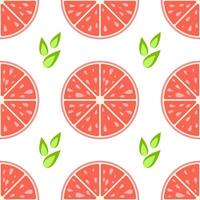 Colorful seamless pattern of delicious grapefruit slices on a white background. Simple flat vector illustration. For the design of paper wallpaper, fabric, wrapping paper, covers, web sites.