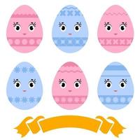 Set of colored isolated cute Easter eggs on a white background. With an abstract pattern. Simple flat vector illustration. Suitable for decoration of postcards, advertising, magazines, websites.