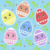 Set of colored isolated cute Easter eggs on a blue background. Simple flat vector illustration. Suitable for decoration of postcards, advertising, magazines, websites.