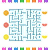 Laberinto cuadrado de colores abstractos con frutas tropicales. un juego interesante para niños y adolescentes. Ilustración de vector plano simple aislado sobre fondo blanco.