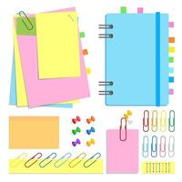 A set of chancery. Closed notebook on a spiral, sticky sheets of different shapes and colors, bookmarks, pins, clips, staples. Vector illustration isolated on white background.