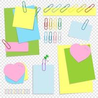 A set of colored office sticky sheets of different shapes, buttons and clips. A simple flat vector illustration isolated on a transparent background.