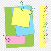 A set of colored sheets of different sizes and office clips. Lovely cartoon style. A simple flat vector illustration isolated on a transparent background.