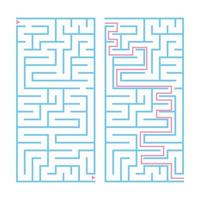 Rectangular color labyrinth with the answer. An interesting game for children and teenagers. Simple flat vector illustration isolated on white background.