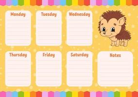 School schedule. Timetable for schoolboys. Empty template. Weekly planer with notes. Isolated color vector illustration. Funny character. Cartoon style.