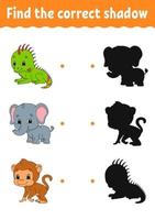 Find the correct shadow. Education developing worksheet. Matching game for kids. Activity page. Puzzle for children. Riddle for preschool. Cute character. Isolated vector illustration. Cartoon style.