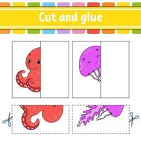 Cut and play. Paper game with glue. Flash cards. Color puzzle. Education developing worksheet. Activity page. For children. Funny character. Isolated vector illustration. Cartoon style.