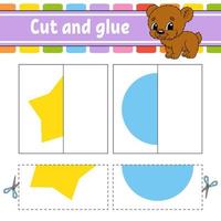 Cut and play. Paper game with glue. Flash cards. Color puzzle. Education developing worksheet. Activity page. For children. Funny character. Isolated vector illustration. Cartoon style.