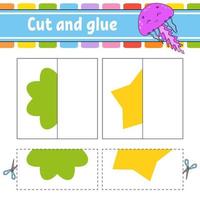 Cut and play. Paper game with glue. Flash cards. Color puzzle. Education developing worksheet. Activity page. For children. Funny character. Isolated vector illustration. Cartoon style.