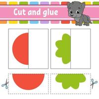 Cut and play. Paper game with glue. Flash cards. Color puzzle. Education developing worksheet. Activity page. For children. Funny character. Isolated vector illustration. Cartoon style.