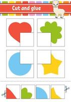 Cut and glue. Four flash cards. Color puzzle. Education developing worksheet. Activity page. Game for children. Funny character. Isolated vector illustration. Cartoon style.