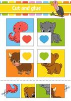 Cut and glue. Four flash cards. Color puzzle. Education developing worksheet. Activity page. Game for children. Funny character. Isolated vector illustration. Cartoon style.