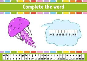 Complete the words. Cipher code. Learning vocabulary and numbers. Education developing worksheet. Activity page for study English. Game for children. Isolated vector illustration. Cartoon character.