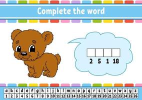 Complete the words. Cipher code. Learning vocabulary and numbers. Education developing worksheet. Activity page for study English. Game for children. Isolated vector illustration. Cartoon character.