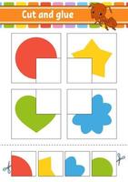 Cut and glue. Four flash cards. Color puzzle. Education developing worksheet. Activity page. Game for children. Funny character. Isolated vector illustration. Cartoon style.