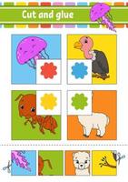 Cut and glue. Four flash cards. Color puzzle. Education developing worksheet. Activity page. Game for children. Funny character. Isolated vector illustration. Cartoon style.