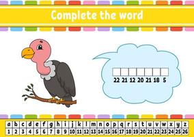 Complete the words. Cipher code. Learning vocabulary and numbers. Education developing worksheet. Activity page for study English. Game for children. Isolated vector illustration. Cartoon character.