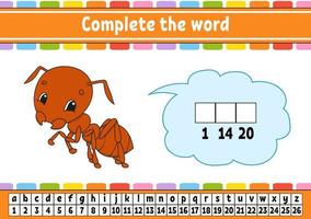 Complete the words. Cipher code. Learning vocabulary and numbers. Education developing worksheet. Activity page for study English. Game for children. Isolated vector illustration. Cartoon character.