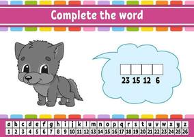 Complete the words. Cipher code. Learning vocabulary and numbers. Education developing worksheet. Activity page for study English. Game for children. Isolated vector illustration. Cartoon character.