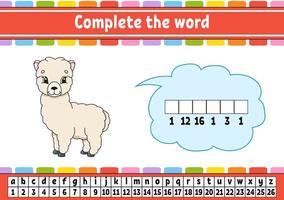 Complete the words. Cipher code. Learning vocabulary and numbers. Education developing worksheet. Activity page for study English. Game for children. Isolated vector illustration. Cartoon character.