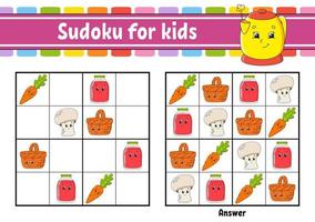 sudoku para niños. hoja de trabajo de desarrollo educativo. página de actividades con imágenes. juego de rompecabezas para niños. entrenamiento del pensamiento lógico. ilustración vectorial aislada. personaje divertido. estilo de dibujos animados. vector