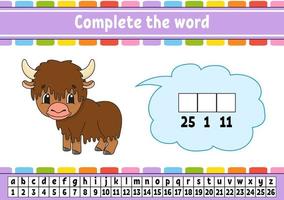 Complete the words. Cipher code. Learning vocabulary and numbers. Education developing worksheet. Activity page for study English. Game for children. Isolated vector illustration. Cartoon character.