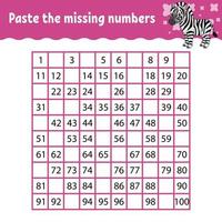 Paste the missing numbers. Handwriting practice. Learning numbers for kids. Education developing worksheet. Activity page. Game for children. Isolated vector illustration in cute cartoon style.