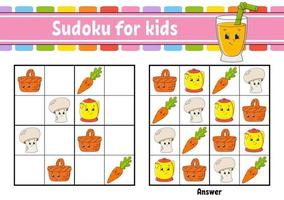 sudoku para niños. hoja de trabajo de desarrollo educativo. página de actividades con imágenes. juego de rompecabezas para niños. entrenamiento del pensamiento lógico. ilustración vectorial aislada. personaje divertido. estilo de dibujos animados. vector