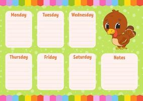 School schedule. Timetable for schoolboys. Empty template. Weekly planer with notes. Isolated color vector illustration. Funny character. Cartoon style.