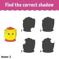 Find the correct shadow. Education developing worksheet. Matching game for kids. Activity page. Puzzle for children. Riddle for preschool. Cute character. Isolated vector illustration. Cartoon style.