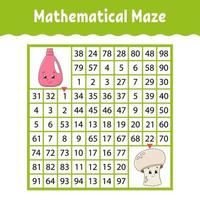 Mathematical maze. Game for kids. Number labyrinth. Education developing worksheet. Activity page. Puzzle for children. Cartoon characters. Riddle for preschool. Color vector illustration