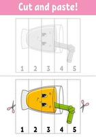 Learning numbers. Cut and glue. Education developing worksheet. Game for kids. Activity page. Funny character. Riddle for preschool. Flat isolated vector illustration. Cute cartoon style.