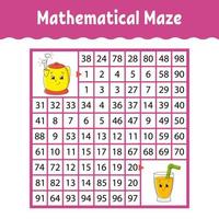 Mathematical maze. Game for kids. Number labyrinth. Education developing worksheet. Activity page. Puzzle for children. Cartoon characters. Riddle for preschool. Color vector illustration